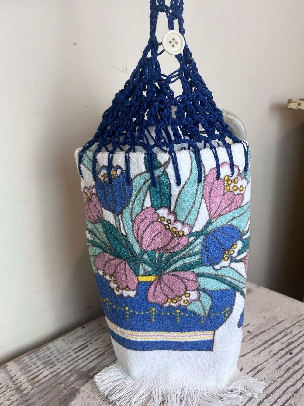Vintage Crocheted Top Terrycloth Kitchen Hand Towel Florals Blues Pinks Retro